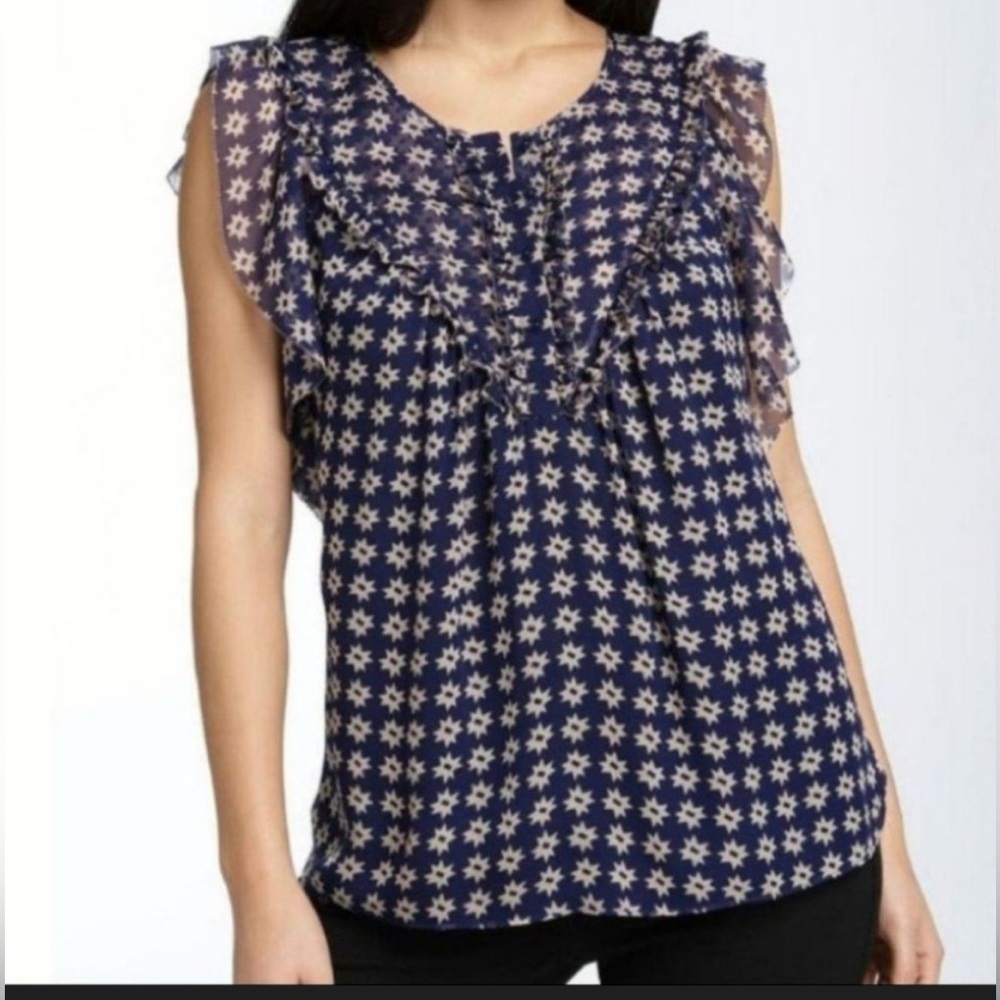 Diane von Furstenberg DVF Navy Star Ruffle Silk Blouse